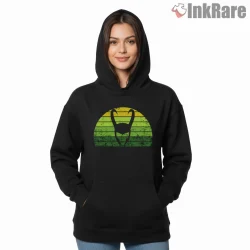Loki Horns Silhouette Retro Sunset Mischief Shirt on black hoodie for women graphic tee