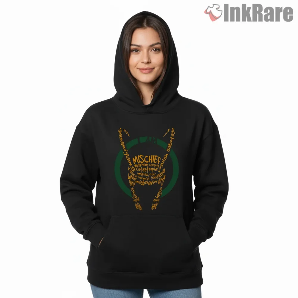 Loki I Am Mischief Horned Typography Circle Shirt on black hoodie for women graphic tee