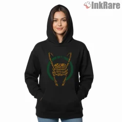 Loki I Am Mischief Horned Typography Circle Shirt on black hoodie for women graphic tee