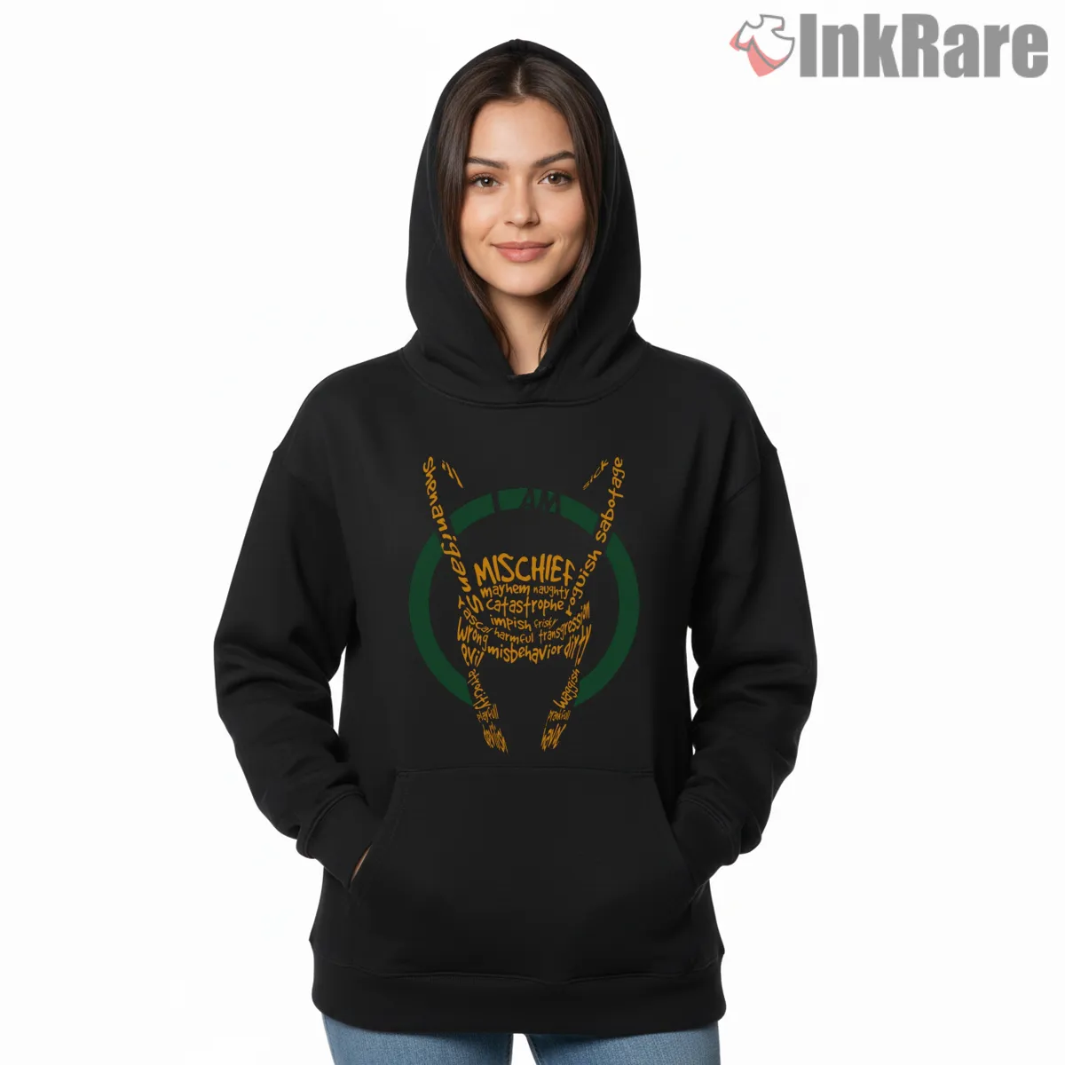 Loki I Am Mischief Horned Typography Circle Hoodie Black Loki I Am Mischief Horned Typography Circle Shirt on black hoodie for women graphic tee