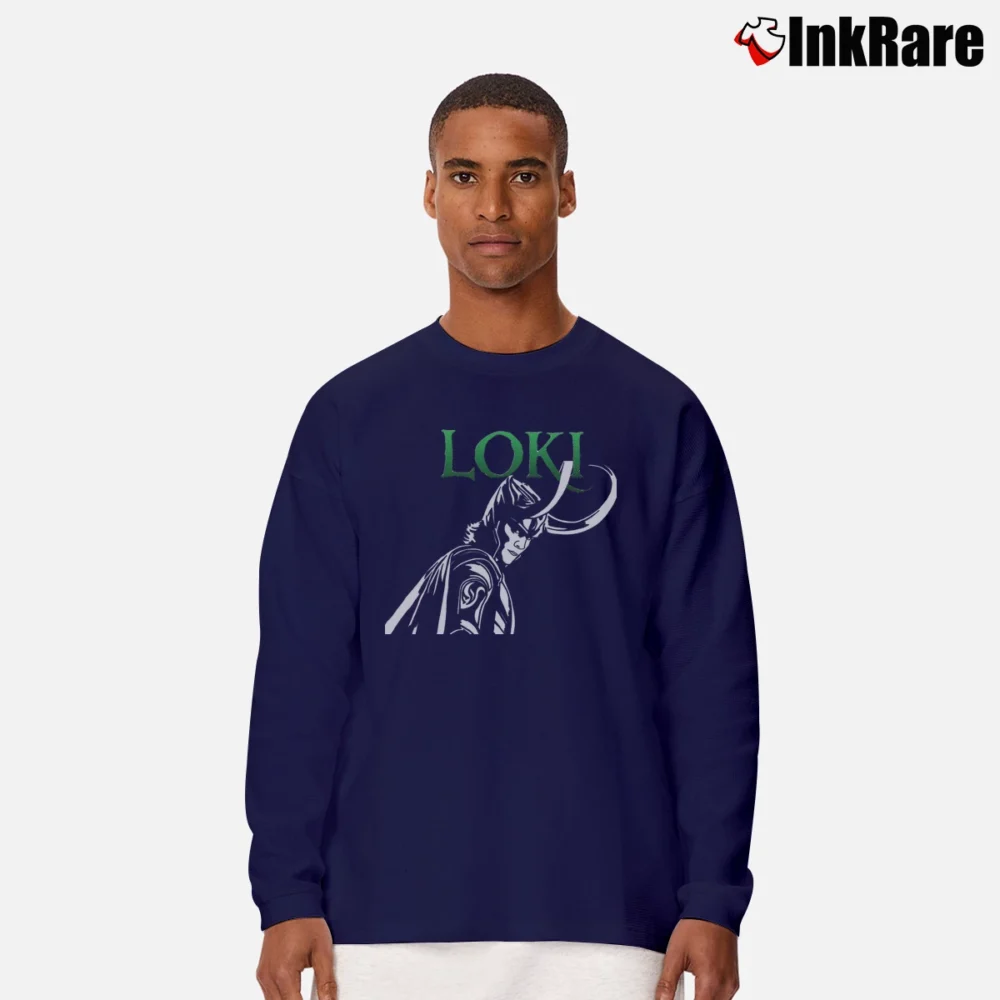 Men’s Loki Laufeyson Crown Featuring Tom Hiddleston Long-Sleeve Shirt in navy | Sleek, Lightweight, Year-Round Wear