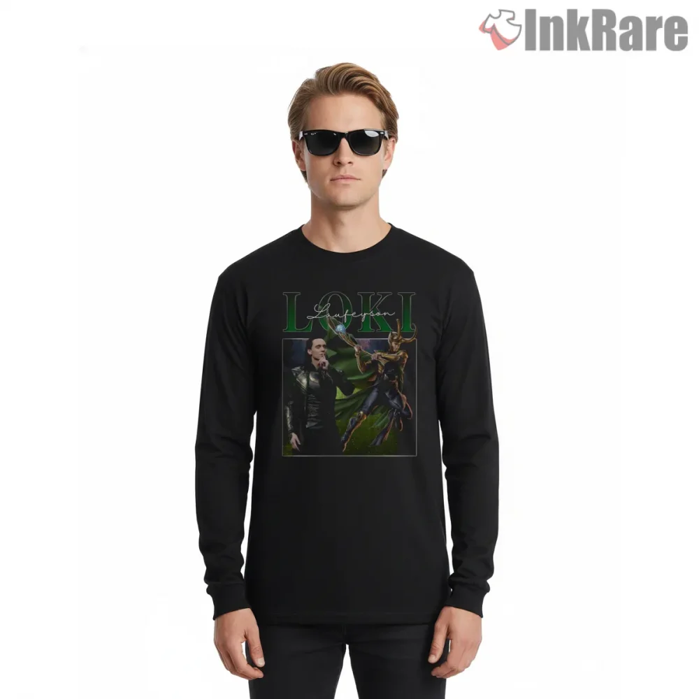 Loki Laufeyson Vintage Bootleg Collage Style Shirt on black long sleeve shirt for men graphic tee