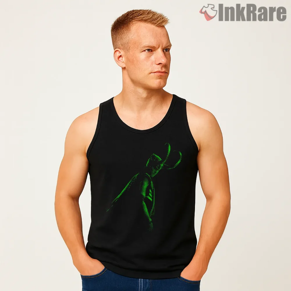 Loki Neon Silhouette Green Glow Minimal Shirt on black tank top for men graphic tee