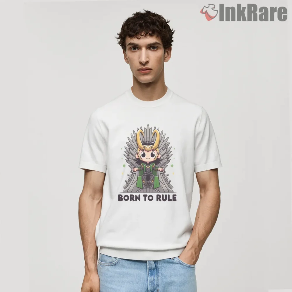 Loki On The Throne Chibi Fantasy Ruler Shirt on white short sleeve shirt for men graphic tee