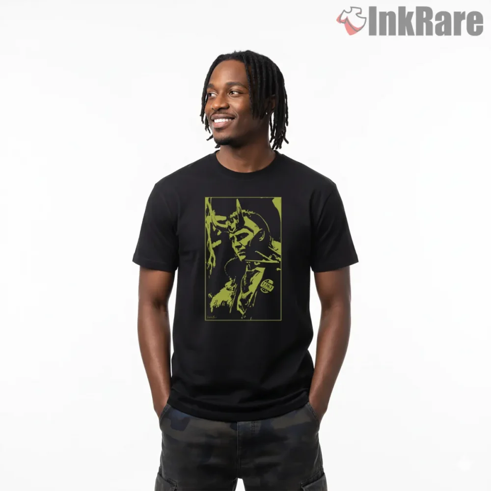 Loki Pop Art Portrait Neon Contrast Graphic Shirt on black short sleeve shirt for men graphic tee