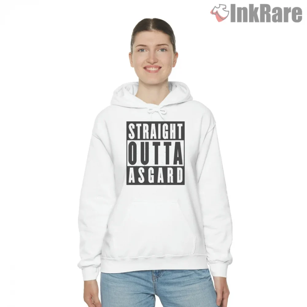 Loki Straight Outta Asgard Bold Street Typography Shirt on white hoodie for women graphic tee