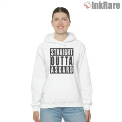 Loki Straight Outta Asgard Bold Street Typography Shirt on white hoodie for women graphic tee