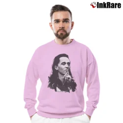 Men’s Loki Tom Hiddleston Movie Crewneck Sweatshirt in light pink | Cozy Fabric, Clean Style