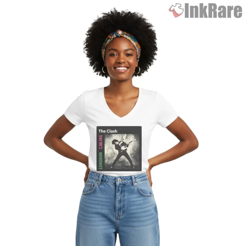 London Calling Iconic Bass Smash Album Cover Punk Shirt on white v-neck shirt for women graphic tee