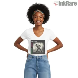 London Calling Iconic Bass Smash Album Cover Punk Shirt on white v-neck shirt for women graphic tee