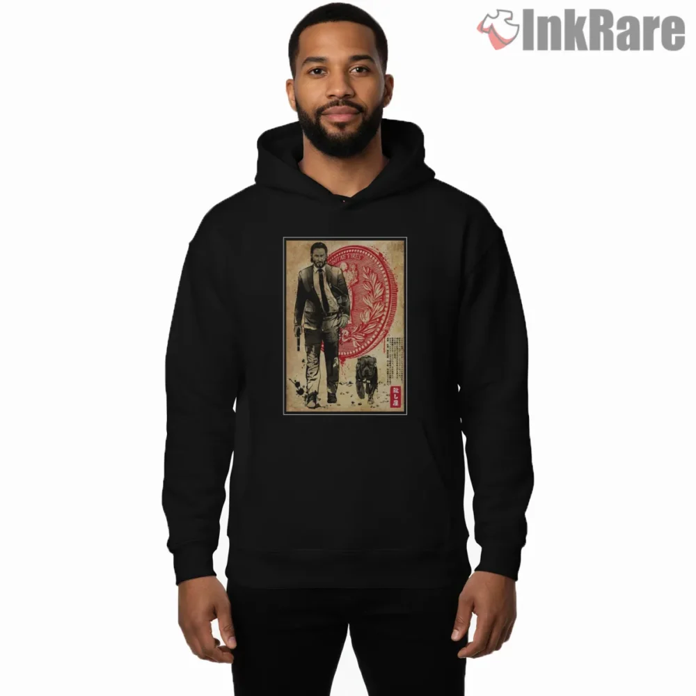 Lone Hitman And Dog Japanese Woodblock Shirt on black hoodie for men graphic tee