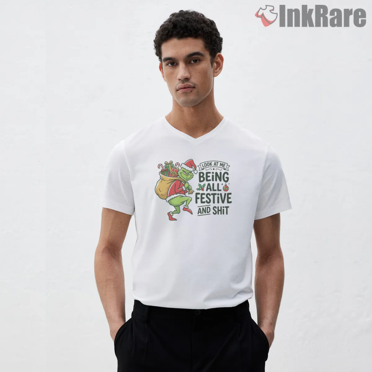 Look At Me Being All Festive Grinch Attitude Shirt on white v-neck shirt for men graphic tee