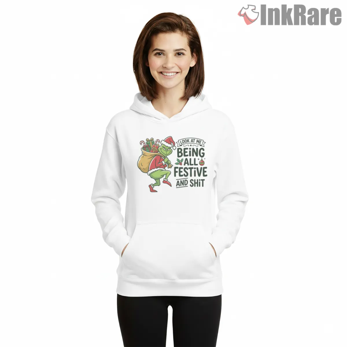 Look At Me Being All Festive Grinch Attitude Hoodie White Look At Me Being All Festive Grinch Attitude Shirt on white hoodie for women graphic tee