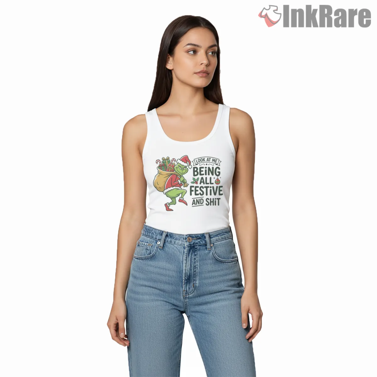 Look At Me Being All Festive Grinch Attitude Tank Top White Look At Me Being All Festive Grinch Attitude Shirt on white tank top for women graphic tee