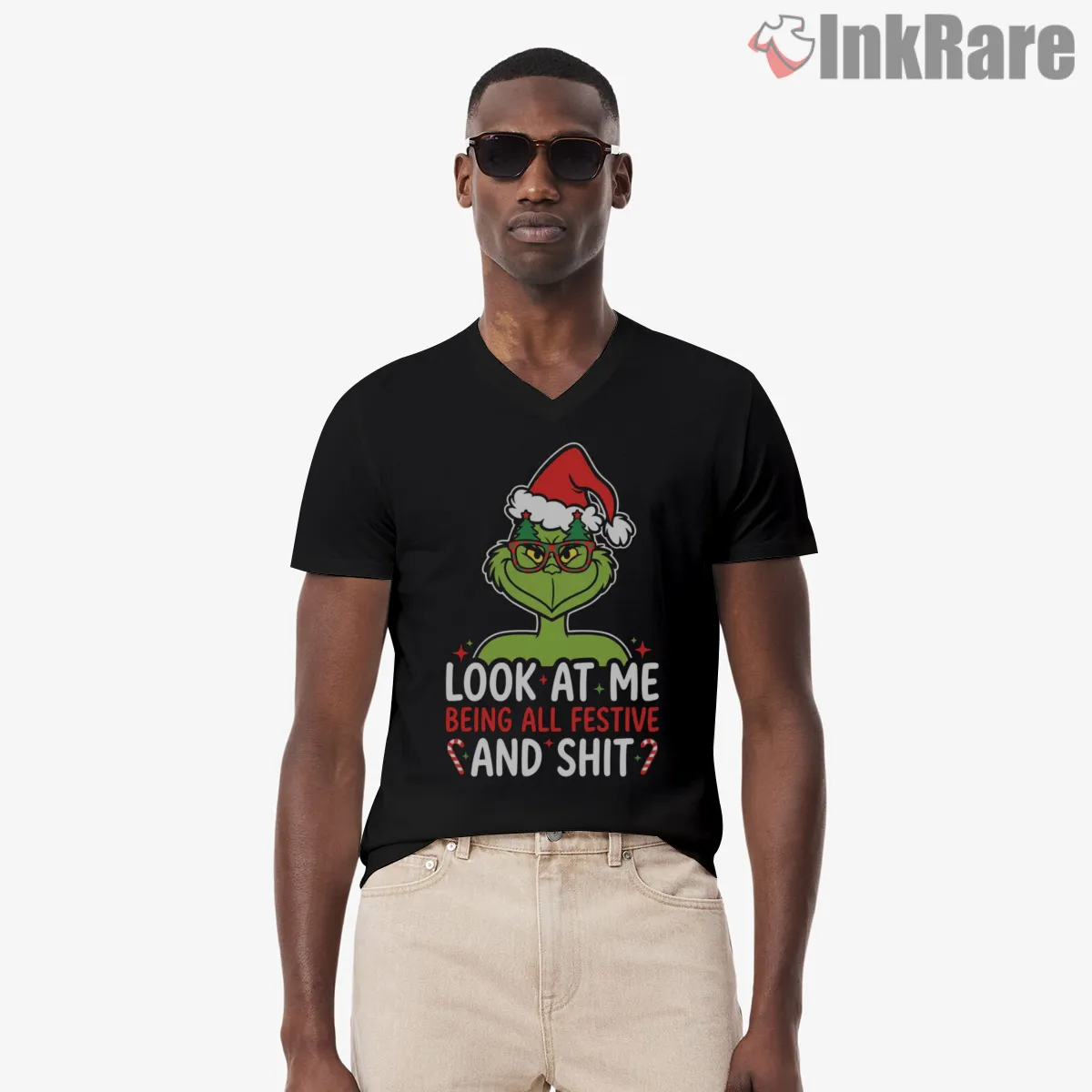 Look At Me Being All Festive Grinch Christmas V Neck Black Look At Me Being All Festive Grinch Christmas Shirt on black v-neck shirt for men graphic tee