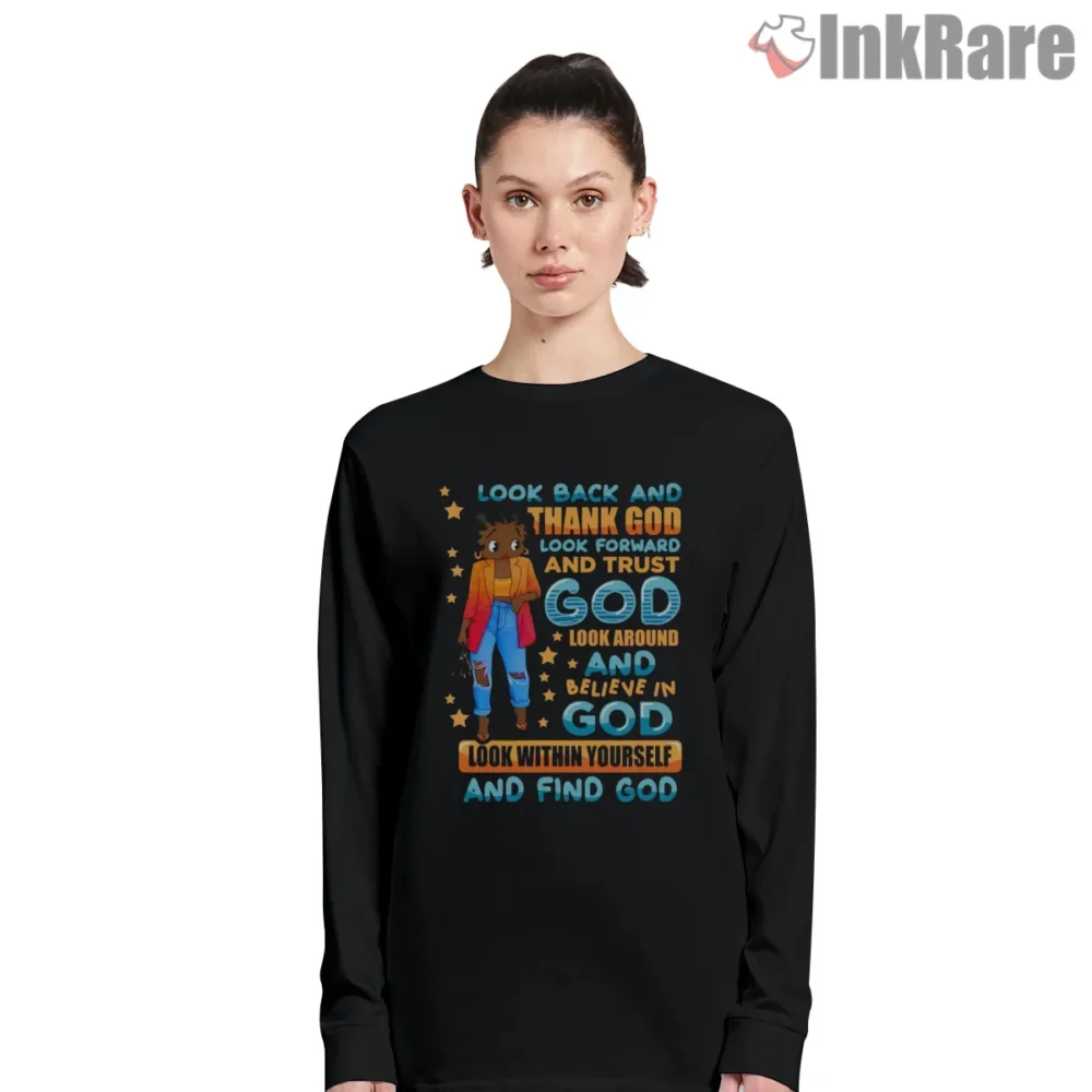Look Back And Thank God Retro Betty Boop Faith Shirt on black long sleeve shirt for women graphic tee