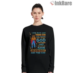 Look Back And Thank God Retro Betty Boop Faith Shirt on black long sleeve shirt for women graphic tee