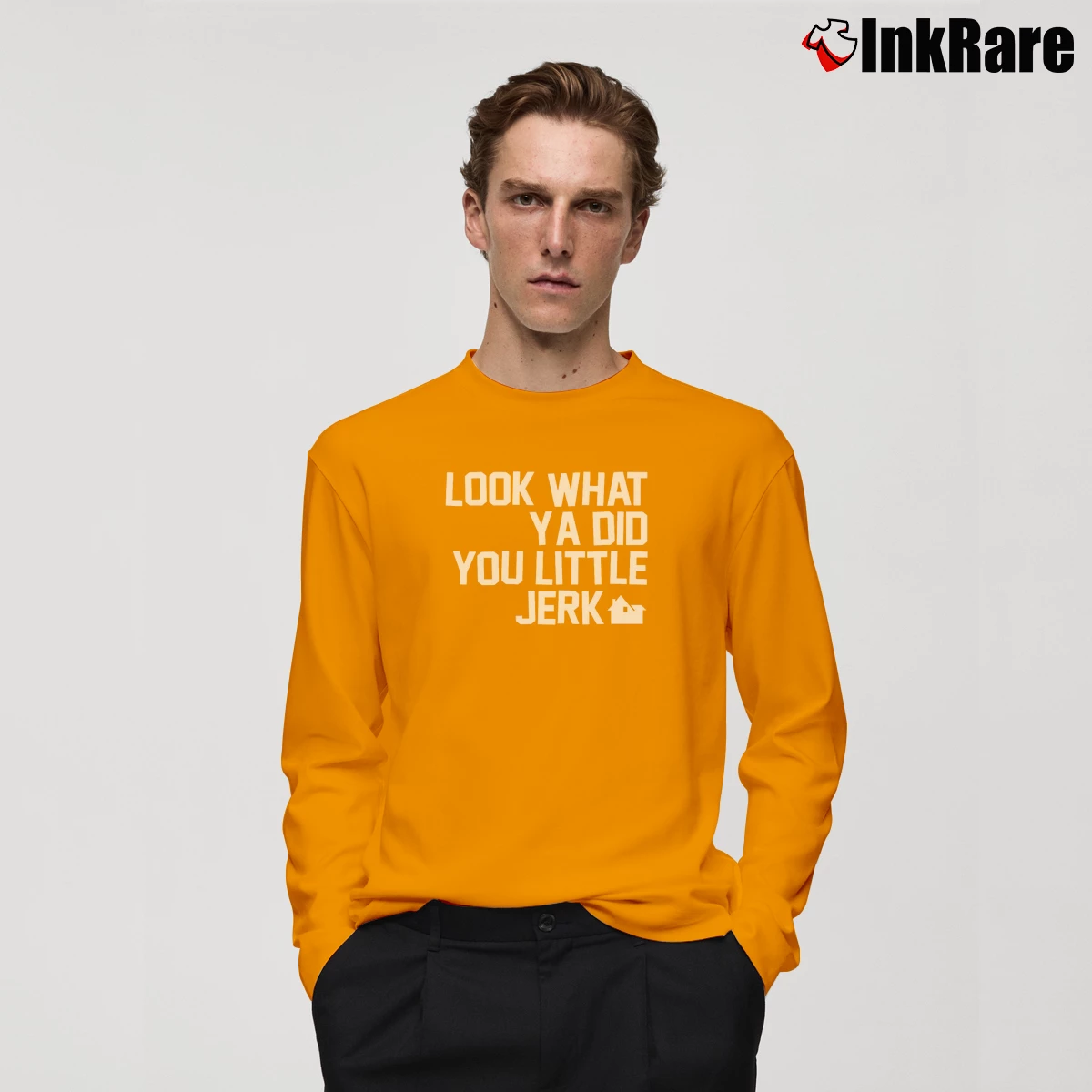 Look What You Did You Little Jerk Christmas Men’s Long-Sleeve Tee in orange – Versatile Layering Men’s Look What You Did You Little Jerk Christmas Long-Sleeve Shirt in orange | Sleek, Lightweight, Year-Round Wear