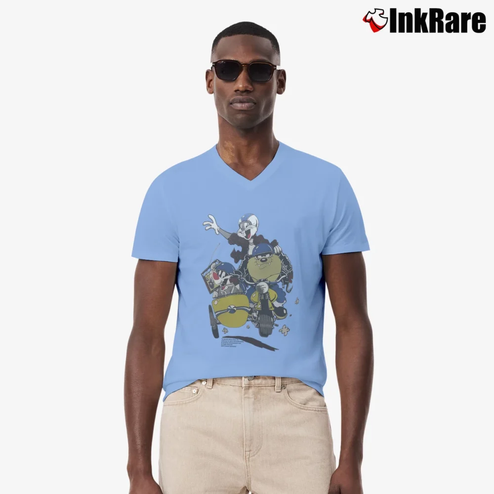 Men’s Looney Tunes Bugs Bunny Harley Davidson V-Neck Tee in light blue | Sharp, Breathable, Everyday Staple