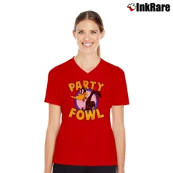 Women’s Looney Tunes Daffy Party Fowl Portrait Graphic V-Neck Tee in red | Chic Neckline, Soft Texture