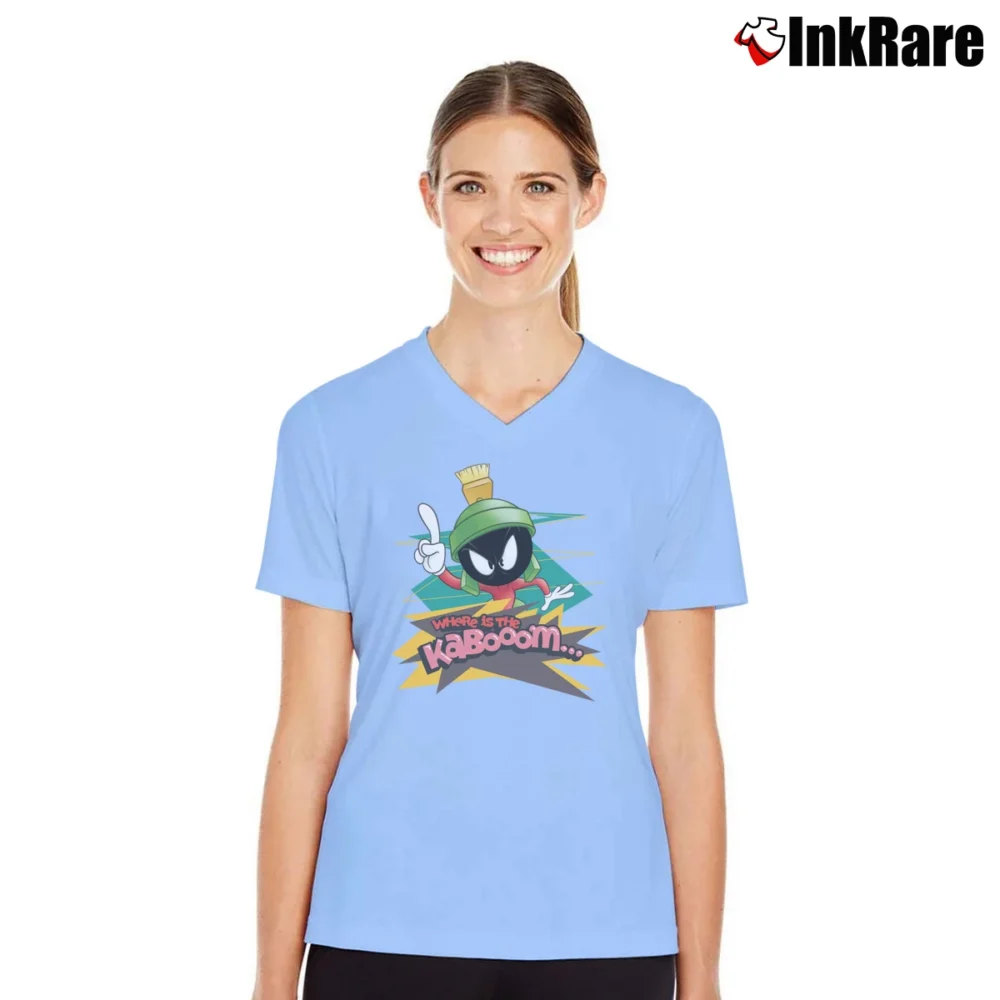 Women’s Looney Tunes Marvin The Martian Where Is The Kaboom V-Neck Tee in light blue | Chic Neckline, Soft Texture