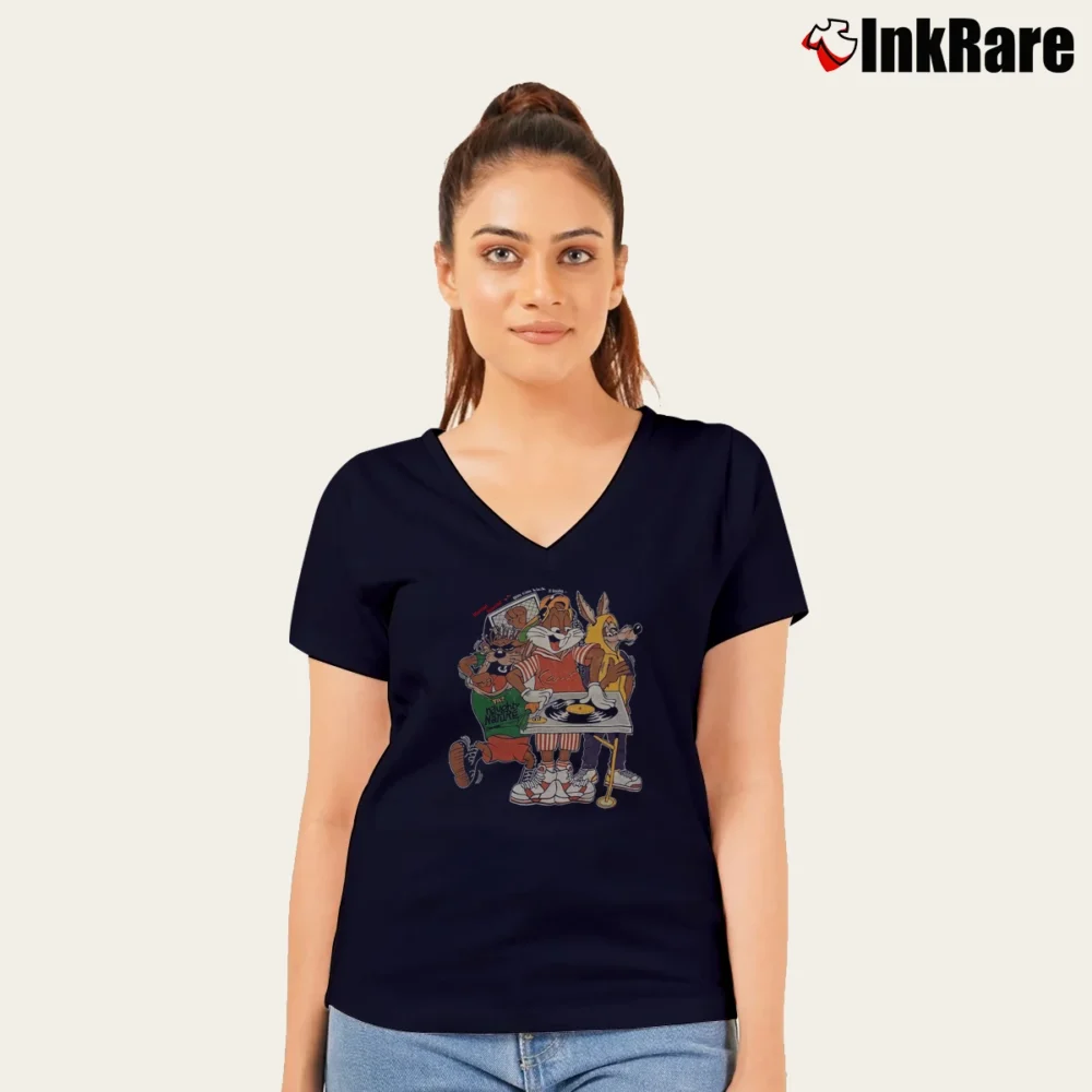 Women’s Looney Tunes Rap Bugs Bunny Taz You Can Kick It Baby V-Neck Tee in navy | Chic Neckline, Soft Texture