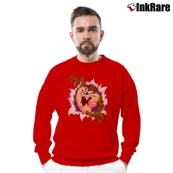 Men’s Looney Tunes Tasmanian Devil Taz Cartoon Crewneck Sweatshirt in red | Cozy Fabric, Clean Style