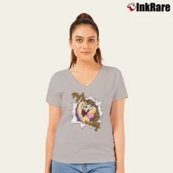 Women’s Looney Tunes Tasmanian Devil Taz Cartoon V-Neck Tee in sport grey | Chic Neckline, Soft Texture
