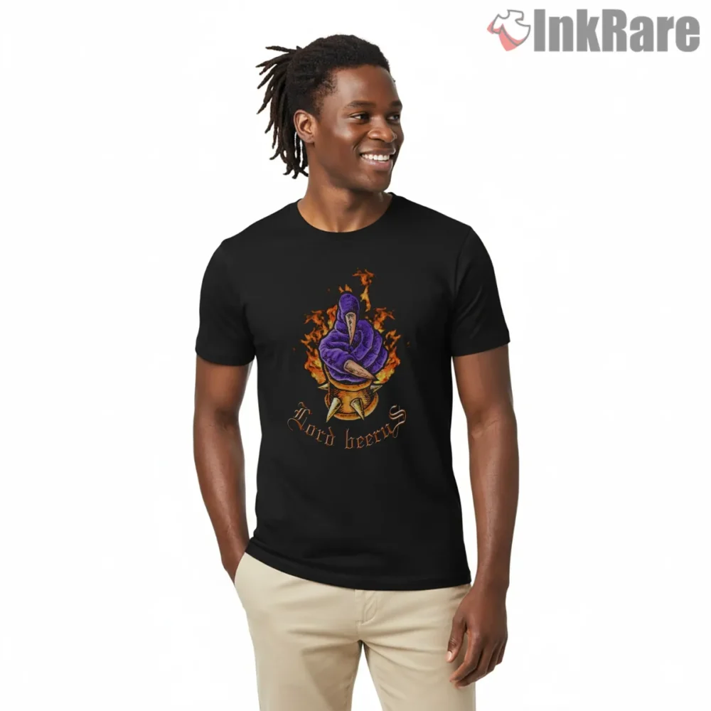 Lord Beerus Fiery Hand Of Destruction Shirt on black short sleeve shirt for men graphic tee