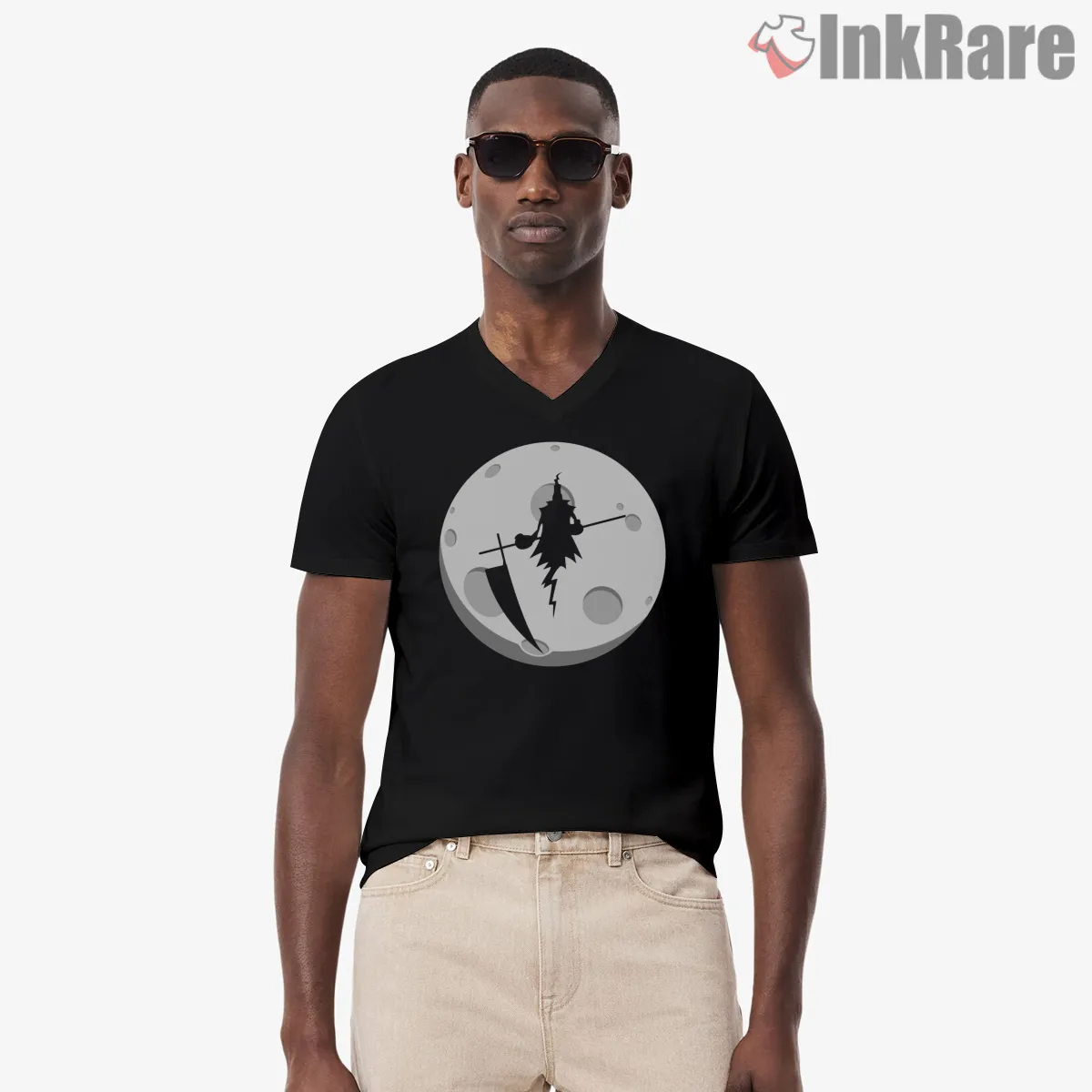 Lord Death Reaper Moon Silhouette Minimal Anime Shirt on black v-neck shirt for men graphic tee