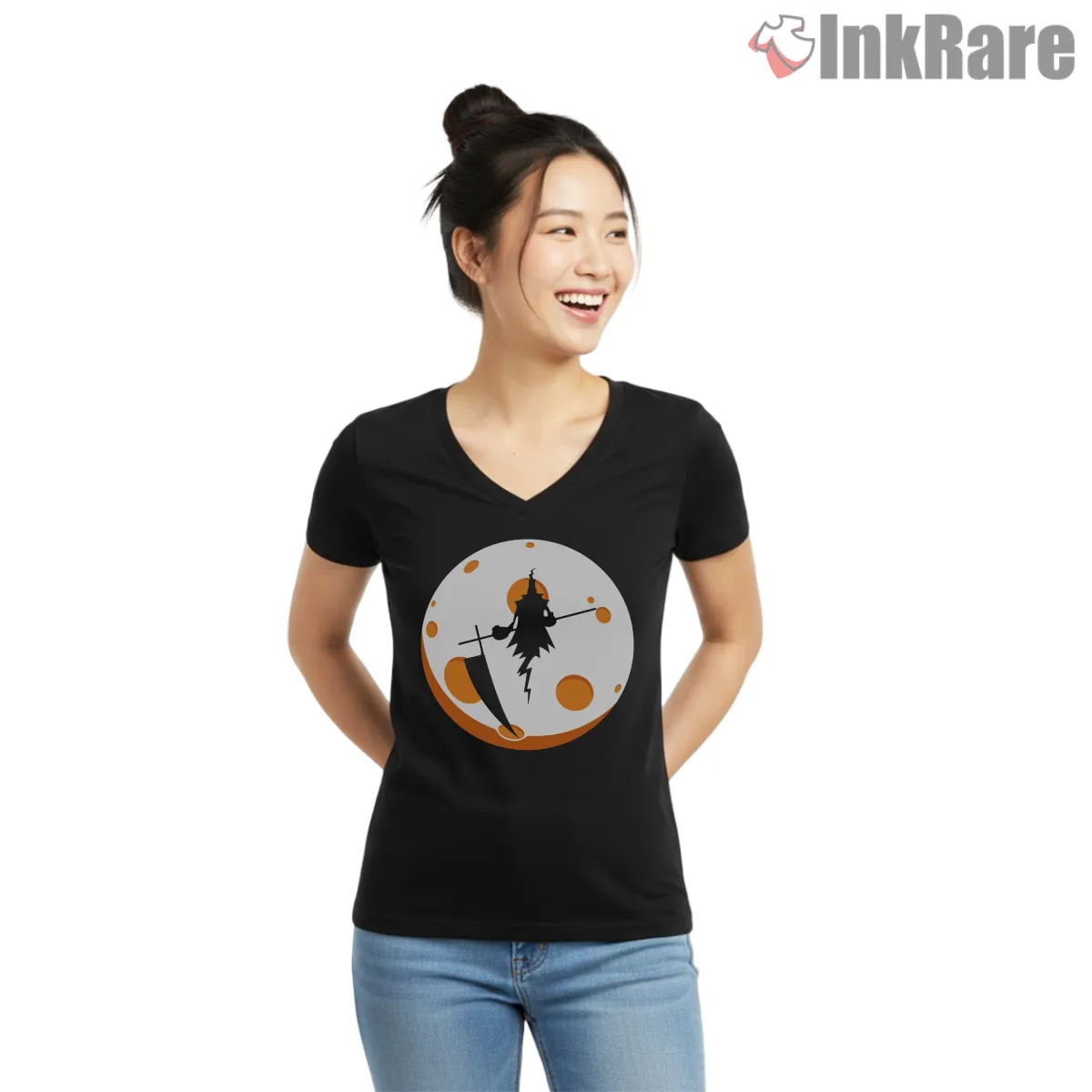 Lord Death Reaper Orange Moon Silhouette Shirt on black v-neck shirt for women graphic tee