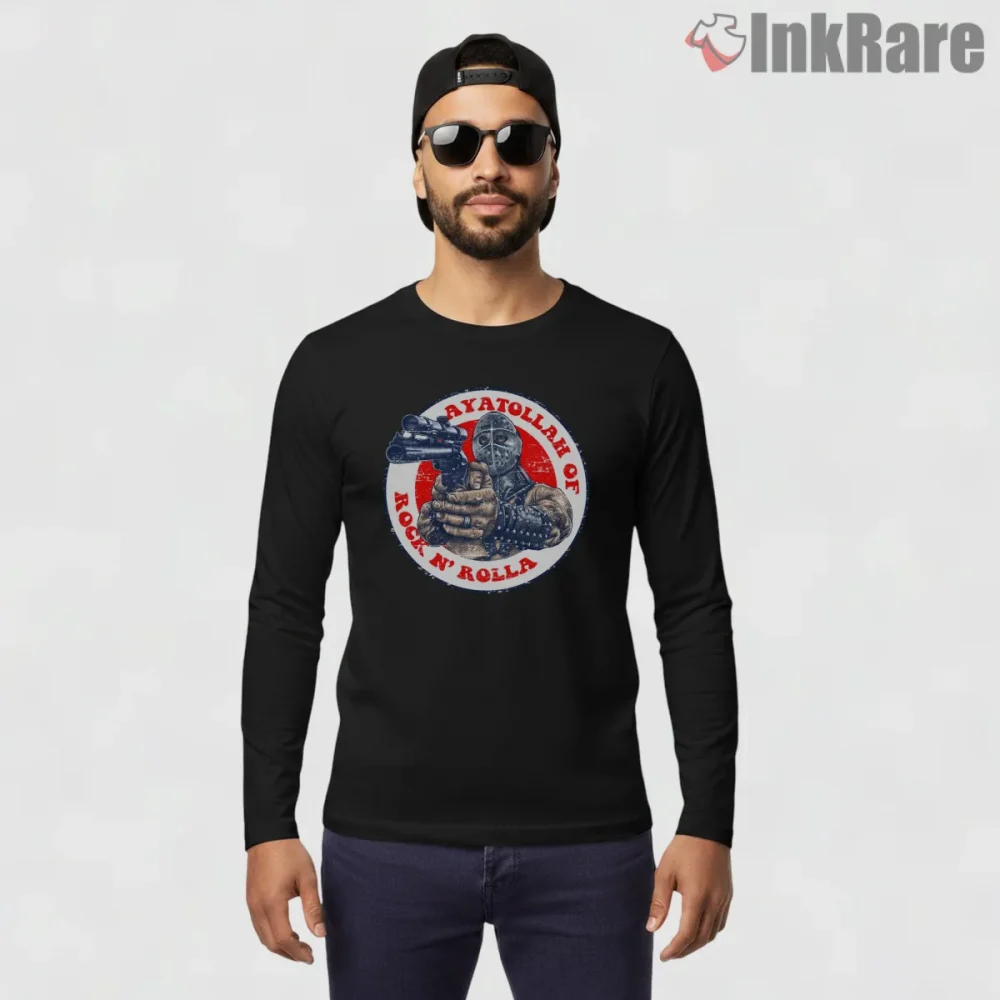 Lord Humungus Ayatollah Of Rock And Rolla Badge Shirt on black long sleeve shirt for men graphic tee