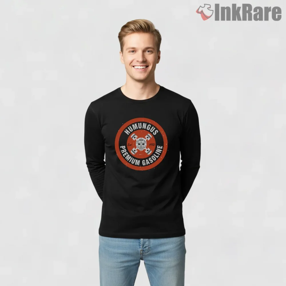 Lord Humungus Premium Gasoline Vintage Badge Mad Max Shirt on black long sleeve shirt for men graphic tee