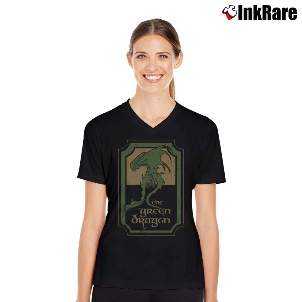 Women’s Lord Of The Rings Green Dragon Tavern Fantasy V-Neck Tee in black | Chic Neckline, Soft Texture