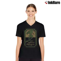 Women’s Lord Of The Rings Green Dragon Tavern Fantasy V-Neck Tee in black | Chic Neckline, Soft Texture