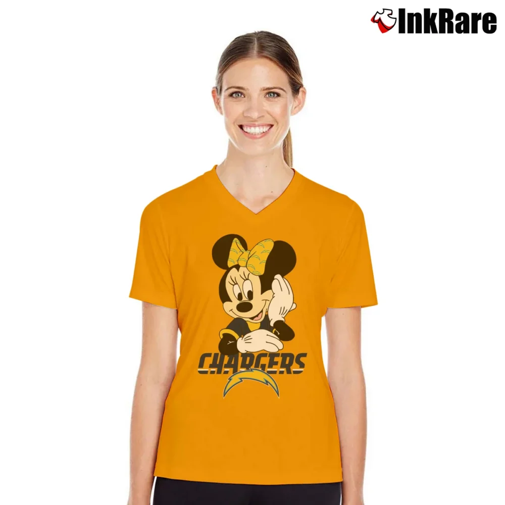 Women’s Los Angeles Chargers American Football Team Mimi Mouse Disney V-Neck Tee in orange | Chic Neckline, Soft Texture