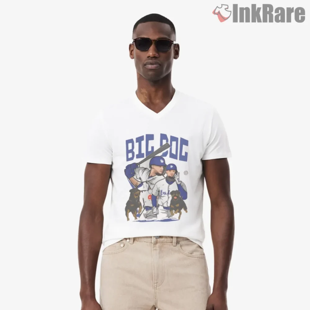 Los Angeles Dodgers Big Dog Shirt with player art and rottweilers on white