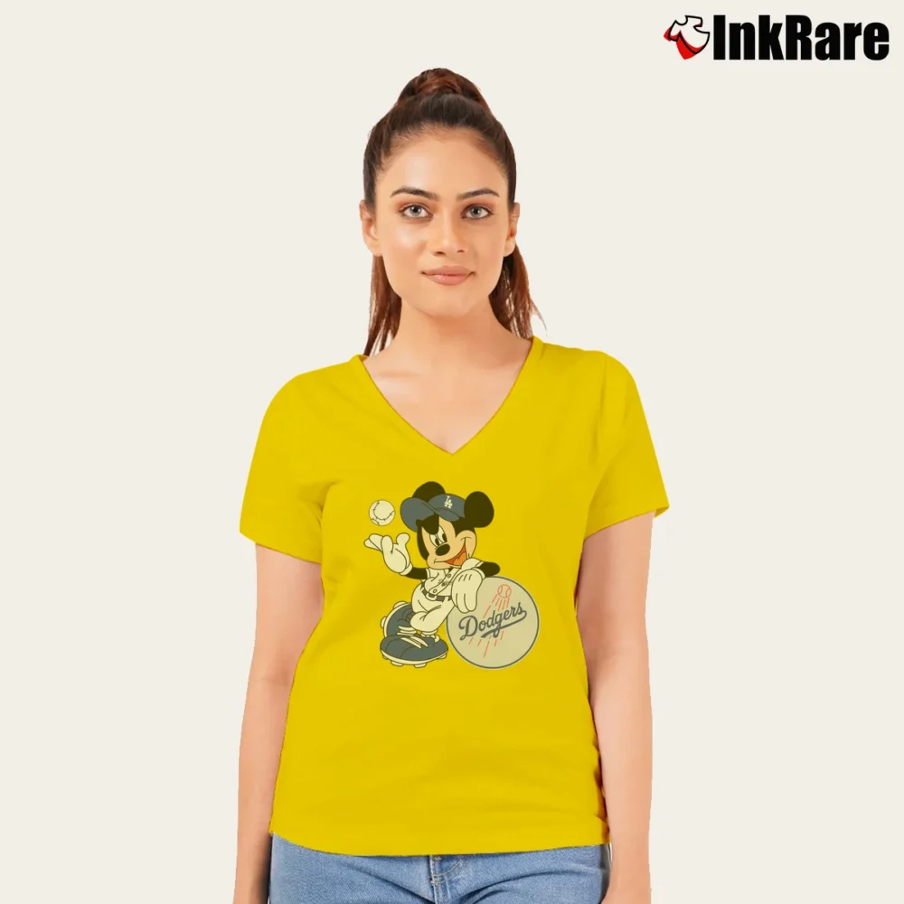 Women’s Los Angeles Dodgers Mickey Mouse MLB Champions V-Neck Tee in yellow | Chic Neckline, Soft Texture