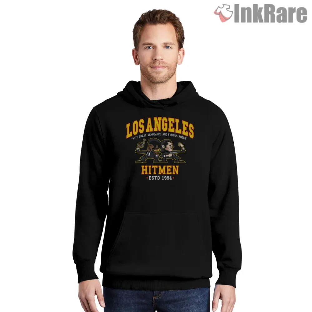 Los Angeles Hitmen Cartoon Collab Shirt on black hoodie for men graphic tee