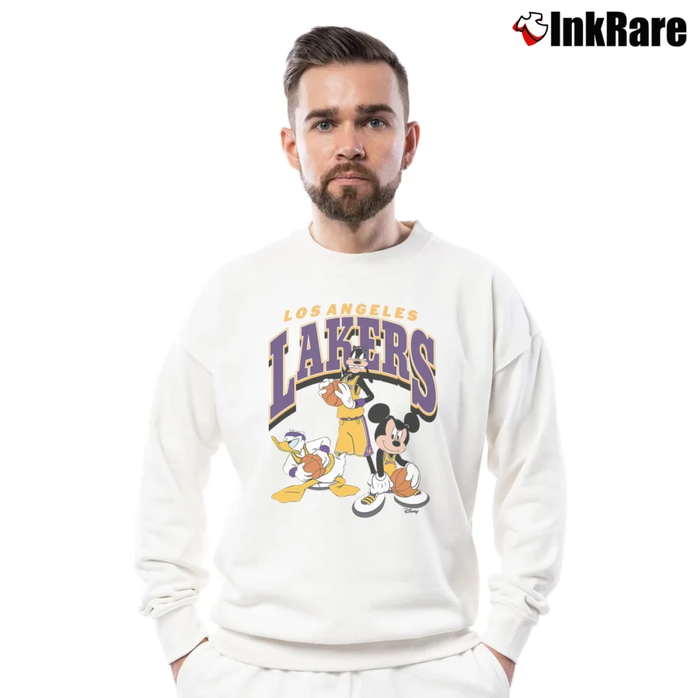 Men’s Los Angeles Lakers Basketball Fan Mickey Mouse Crewneck Sweatshirt in white | Cozy Fabric, Clean Style