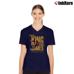 Women’s los angeles lakers lebron james king james for NBA Fans V-Neck Tee in navy | Chic Neckline, Soft Texture