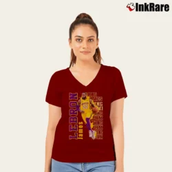 Women’s Los Angeles Lakers LeBron James King of Basketball V-Neck Tee in maroon | Chic Neckline, Soft Texture
