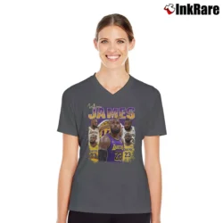 Women’s Los Angeles Lakers LeBron James V-Neck Tee in charcoal | Chic Neckline, Soft Texture