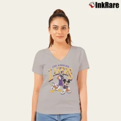 Women’s Los Angeles Lakers Mickey Donald Goofy NBA Basketball V-Neck Tee in sport grey | Chic Neckline, Soft Texture