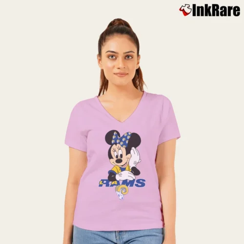 Los Angeles Rams American Football Team Mimi Mouse Walt Disney Women’s V-Neck Tee in light pink – Flattering Fit Women’s Los Angeles Rams American Football Team Mimi Mouse Walt Disney V-Neck Tee in light pink | Chic Neckline, Soft Texture