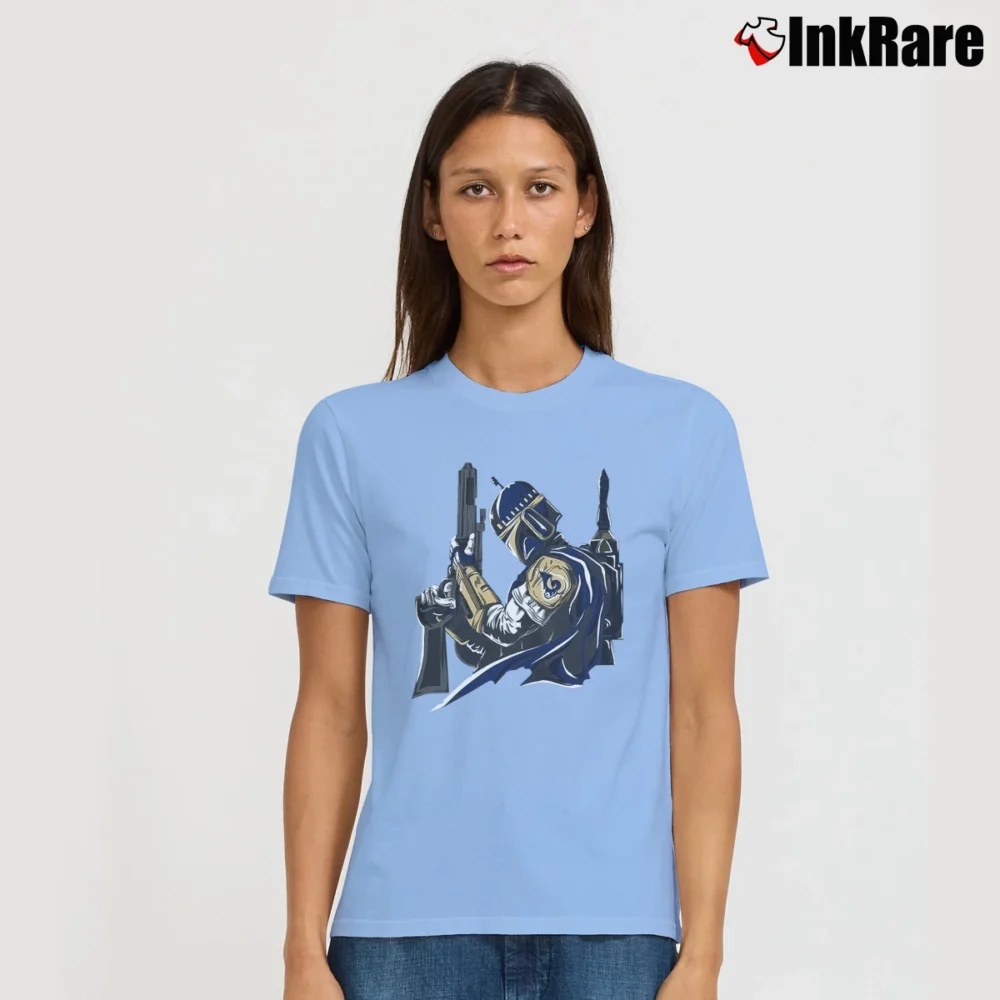 Women’s Los Angeles Rams Boba Fett Star Wars Football Signature T-Shirt in light blue | Soft, Flattering Fit