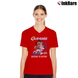 Women’s Los Angeles Rams Football Team Mickey Mouse V-Neck Tee in red | Chic Neckline, Soft Texture