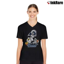 Women’s Los Angeles Rams Mickey Mouse Super Bowl V-Neck Tee in black | Chic Neckline, Soft Texture