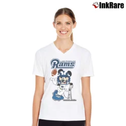 Women’s Los Angeles Rams Mickey Mouse Super Bowl V-Neck Tee in white | Chic Neckline, Soft Texture