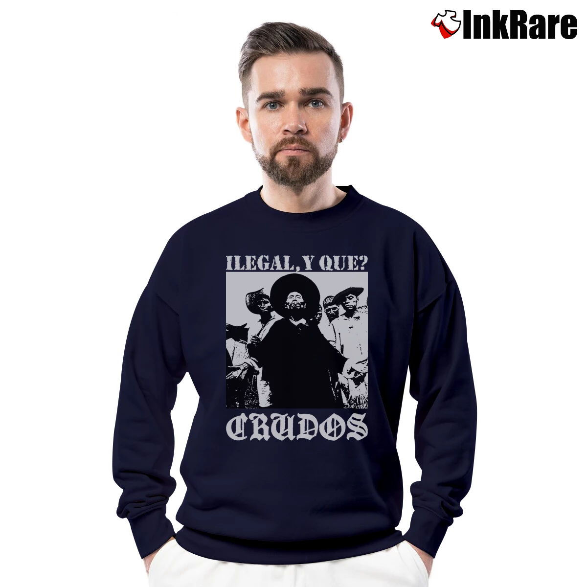 Men’s Los Crudos Ilegal Y Que Crewneck Sweatshirt in navy | Cozy Fabric, Clean Style